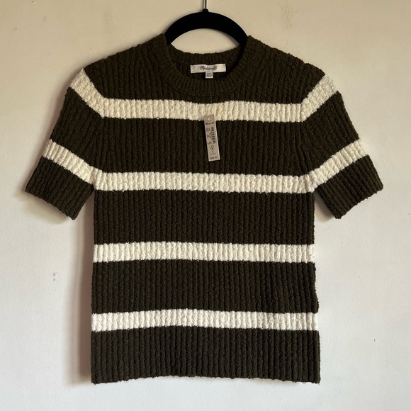 NWT Boucle Knit Crewneck Sweater Tee in Olive Stripe Size XXS Stretchy $78 NS649 - Picture 2 of 16